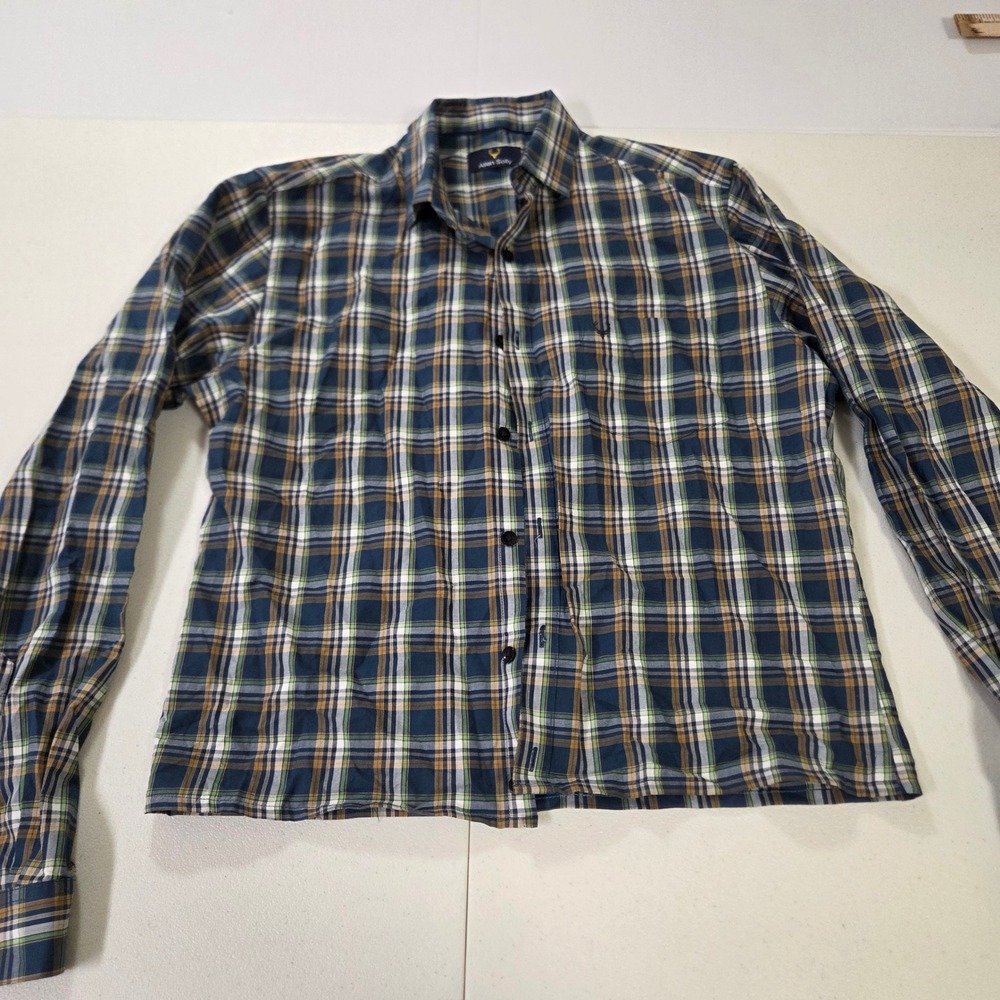 Allen Solly Mens Size 40 Classic Fit Plaid Button Down Shirt Blue Green Long Slv